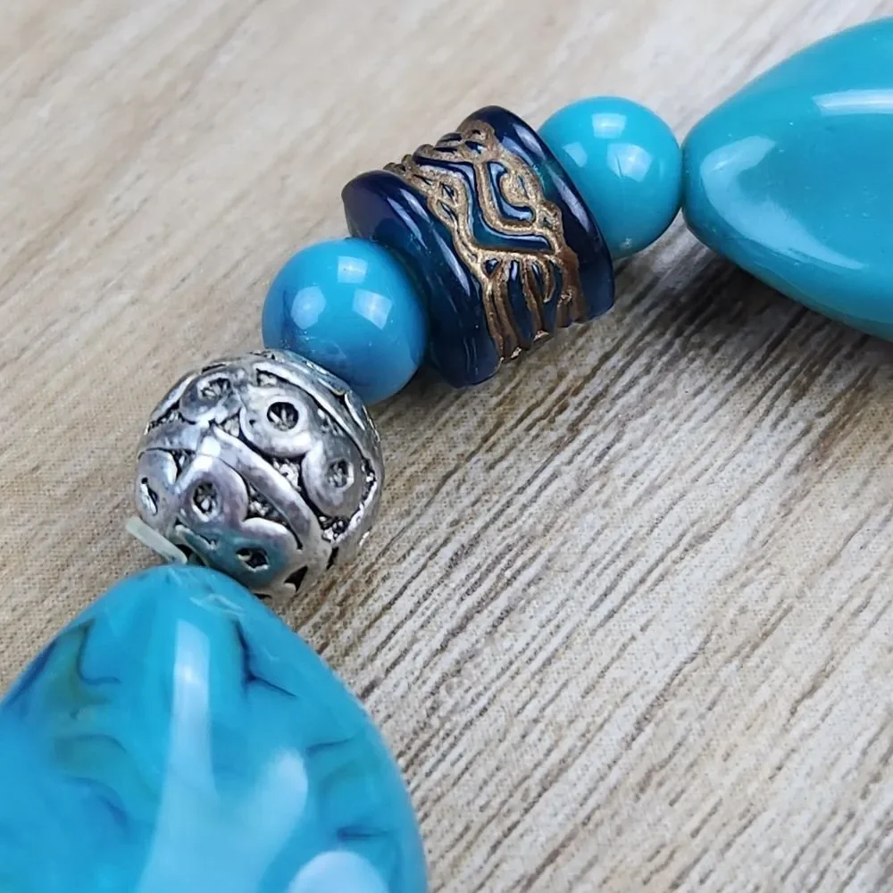 🔺️Turquoise Stone & Antique Silver Plated Beads Stretchy Bracelet